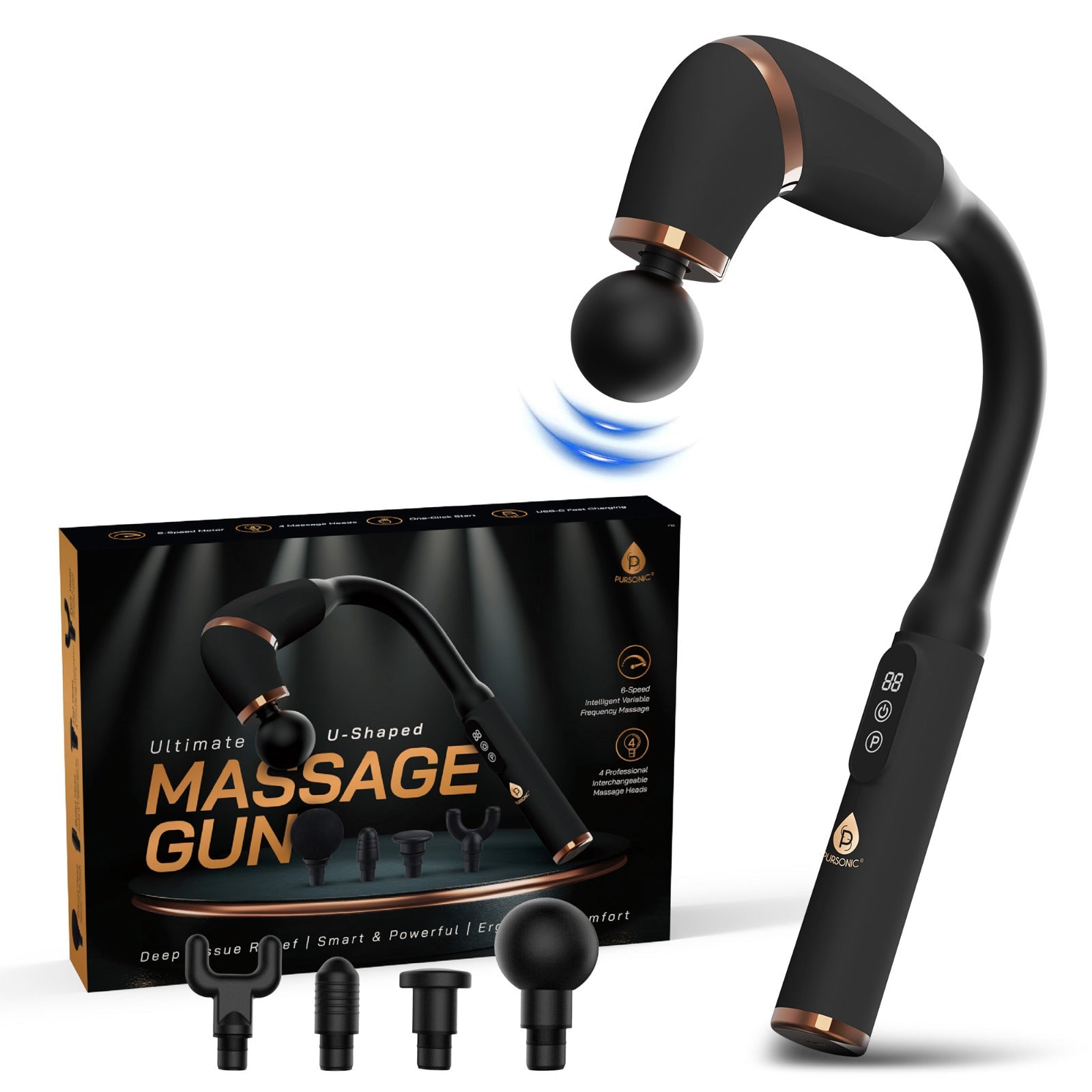 U-Shaped Percussion Massage Gun – 6 Speeds, 4 Heads & USB-C Charging