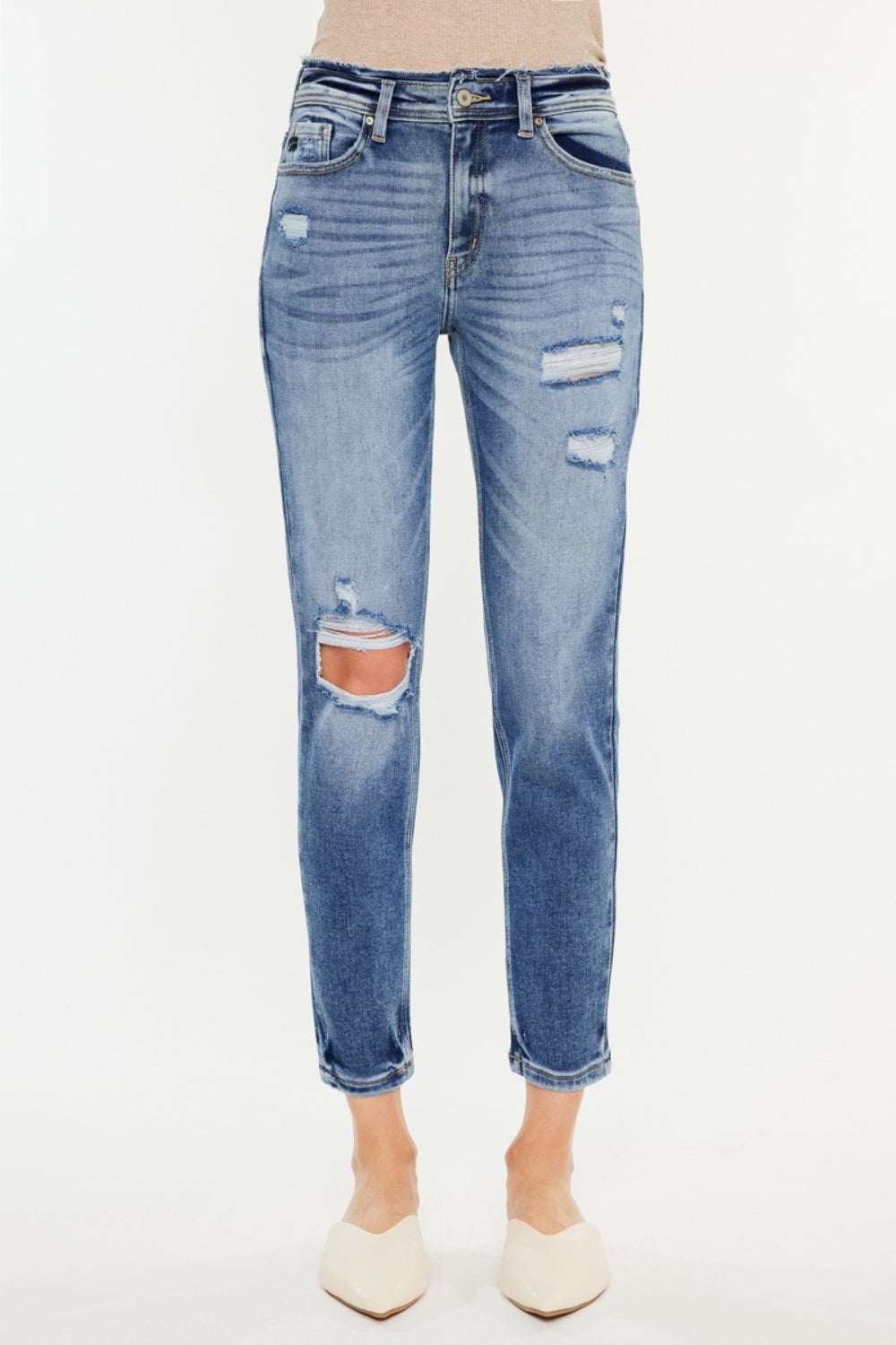 Kancan High-Rise Distressed Mom Jeans – Medium Wash, Slightly Stretchy