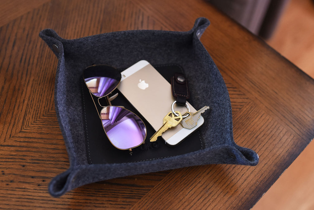 Wool Felt & Leather Desk Tray - Collapsible Organizer