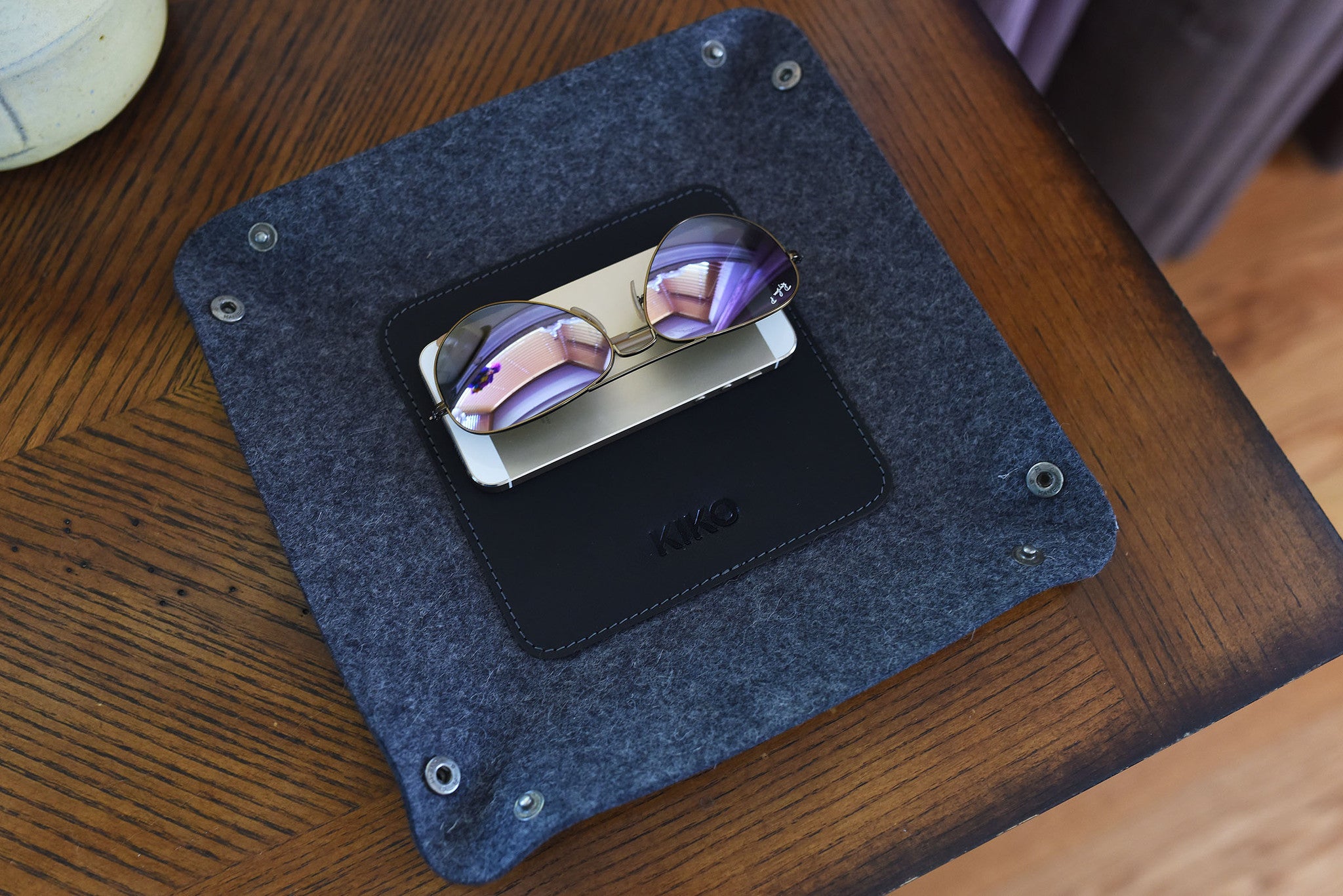 Wool Felt & Leather Desk Tray - Collapsible Organizer