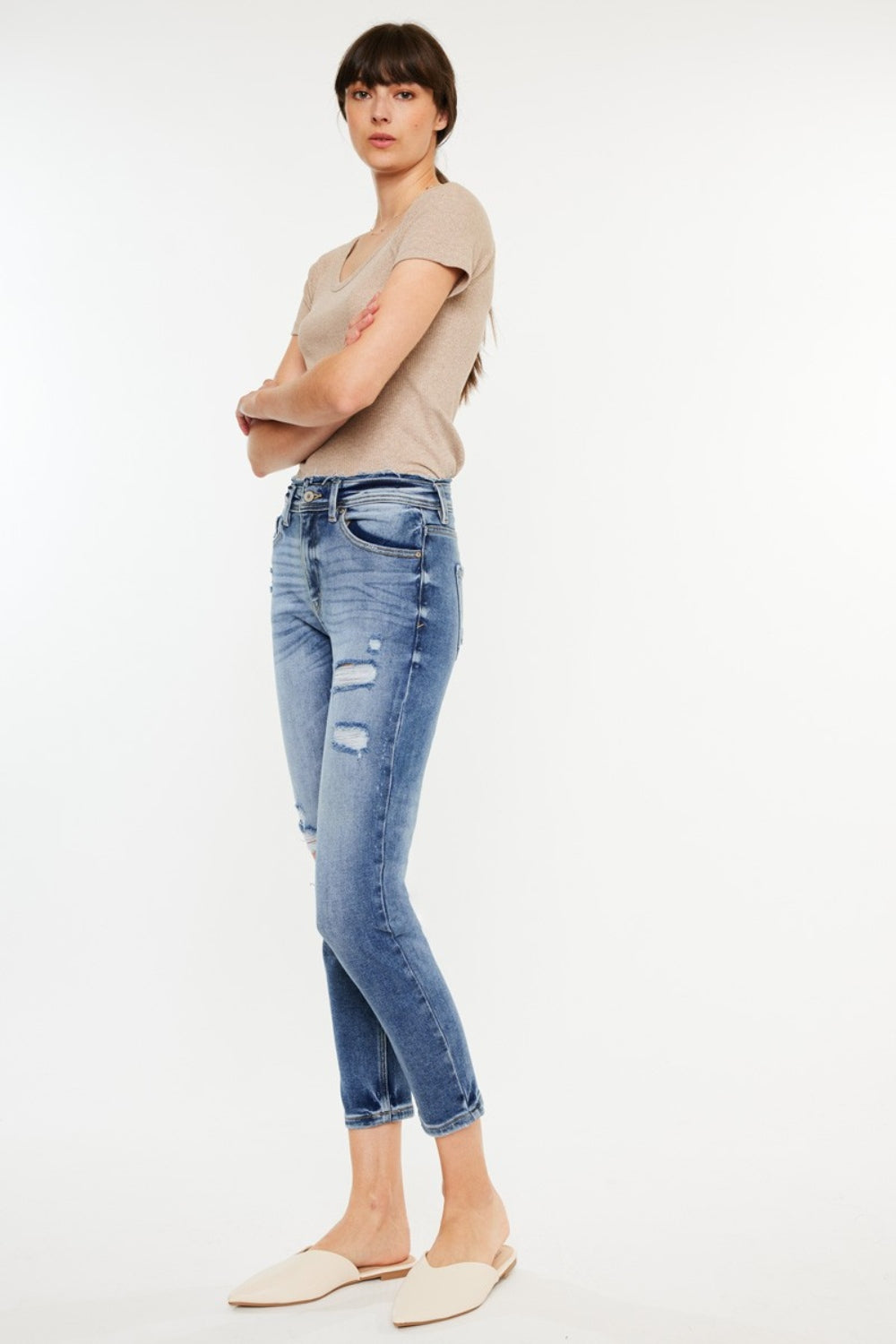 Kancan High-Rise Distressed Mom Jeans – Medium Wash, Slightly Stretchy