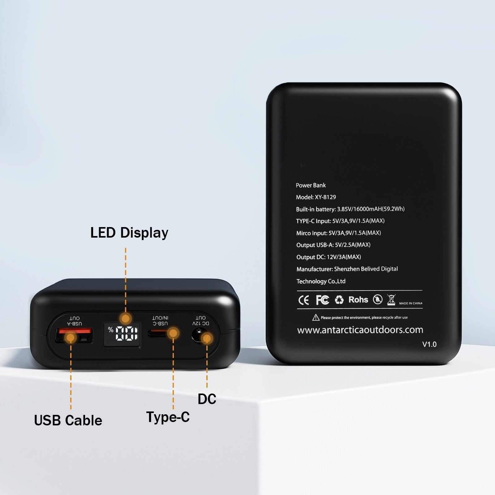 ANTARCTICA GEAR Portable Battery Power Bank 12V 16000mAh for Heated Jackets