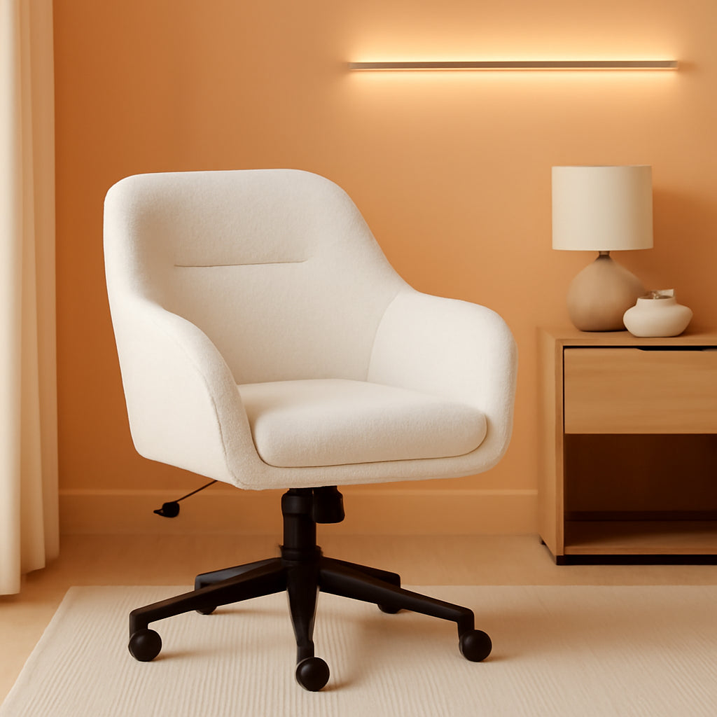 Rayna Swivel Task Chair White Boucle With Oil Rubbed Bronze