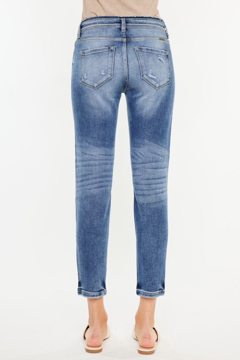 Kancan High-Rise Distressed Mom Jeans – Medium Wash, Slightly Stretchy