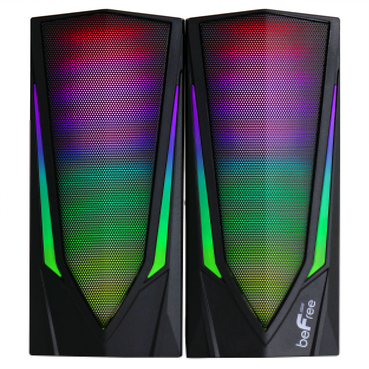 Pair of RGB speakers with colorful lighting on a white background