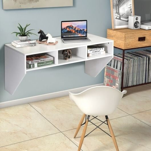 Wall-Mounted Floating Computer Desk with Storage - White
