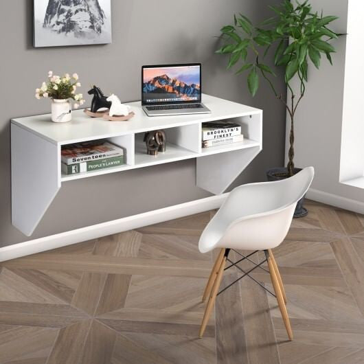 Wall-Mounted Floating Computer Desk with Storage - White