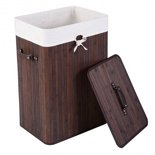 Rectangle Bamboo Hamper Laundry Basket Washing Cloth Bin Storage Bag Lid 3 color-Natural