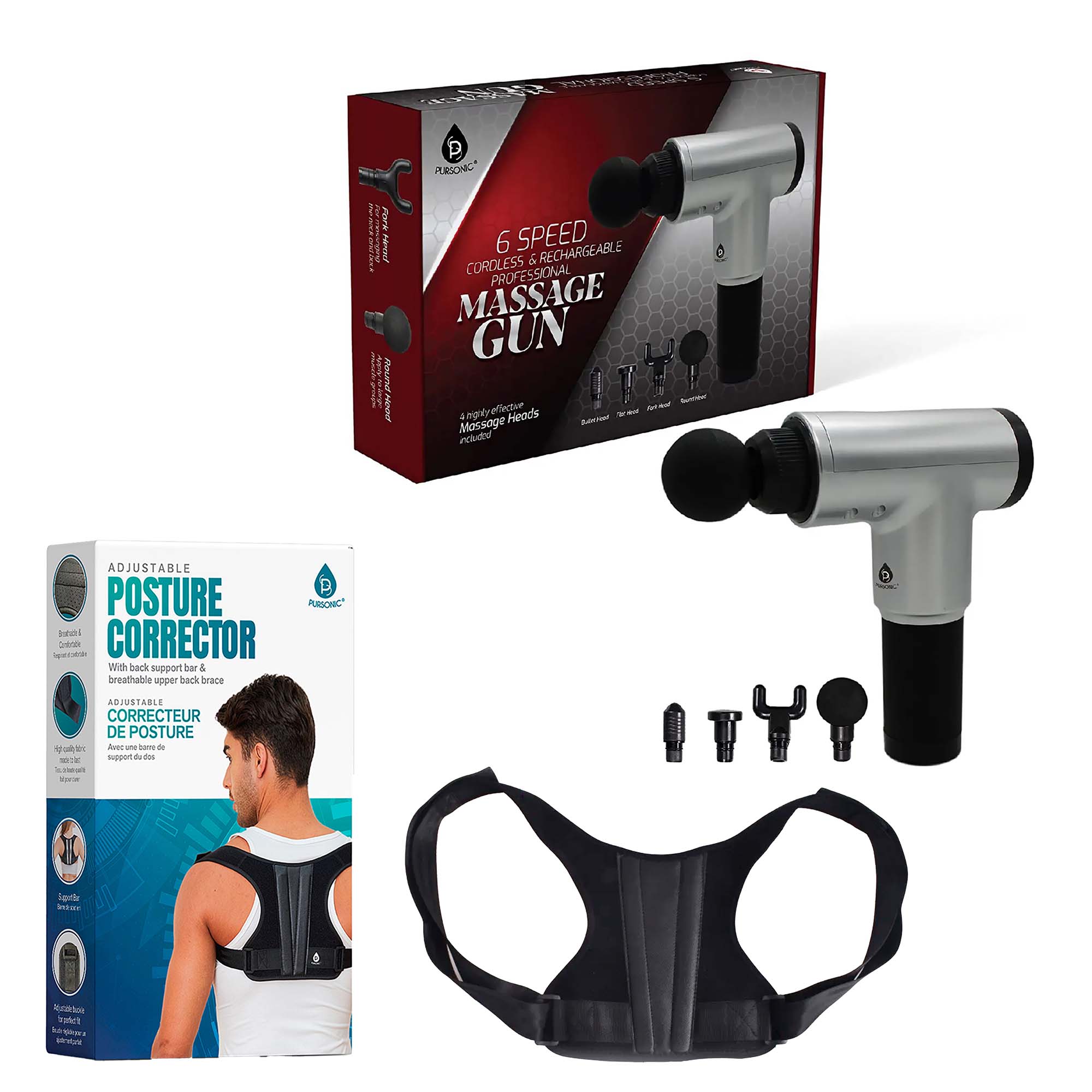 Posture Corrector & Percussion Massage Gun Bundle – Back Brace + 6-Speed Massager