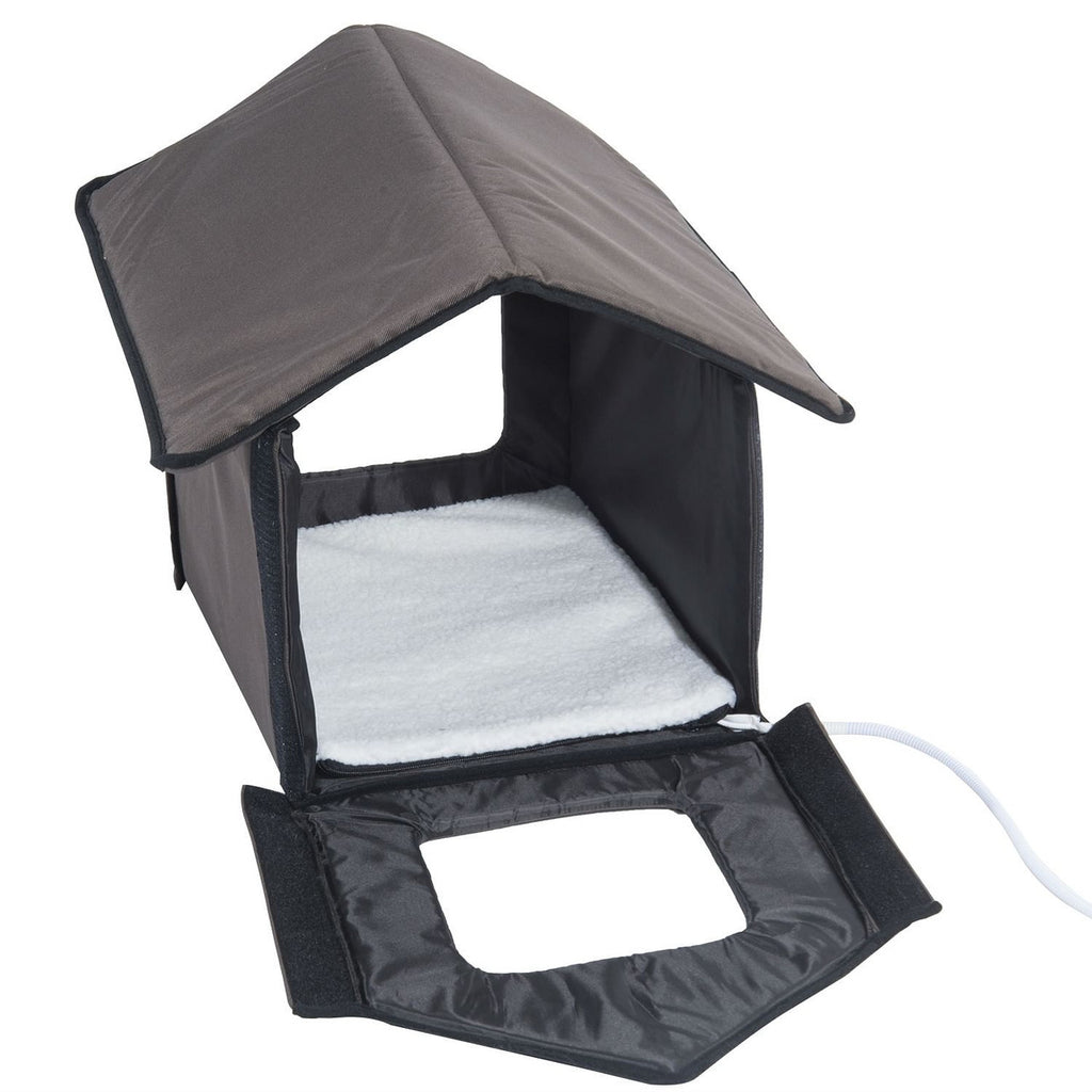 Heated Outdoor Cat House with Lamb Wool Bed - Brown