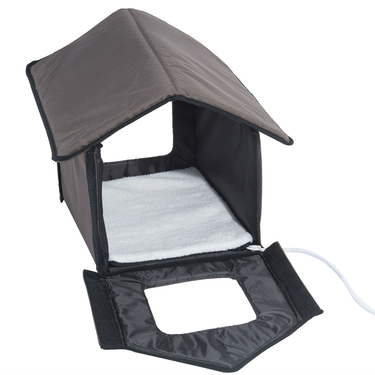 Heated Outdoor Cat House with Lamb Wool Bed - Brown