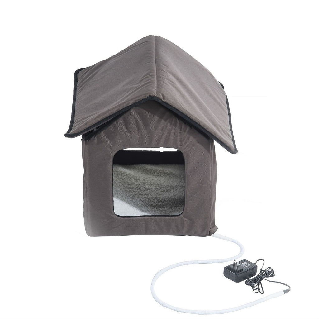 Heated Outdoor Cat House with Lamb Wool Bed - Brown