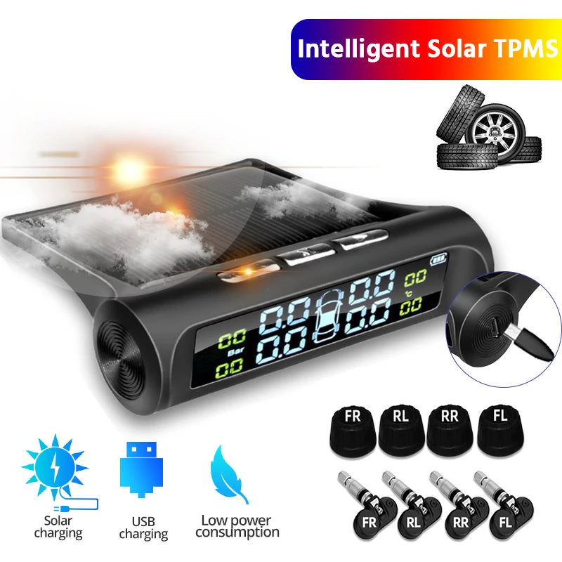 Smart TPMS Tire Pressure Monitor System | 4 Wireless Sensors & Solar Display