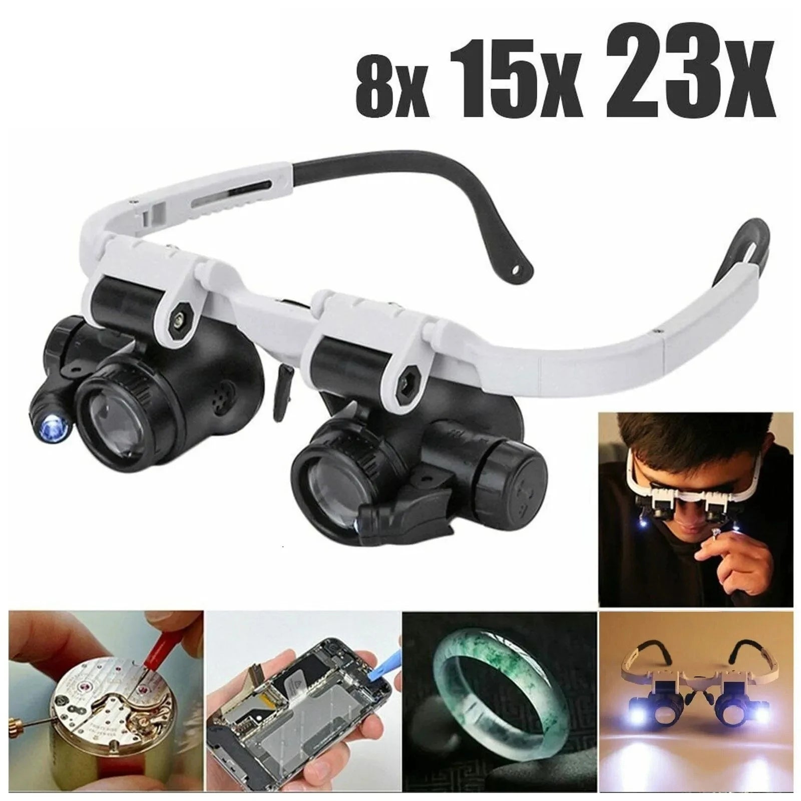 LED Head Magnifier Loupe – 8X 15X 23X Hands-Free Magnifying Glass for Jewelry & Watch Repair
