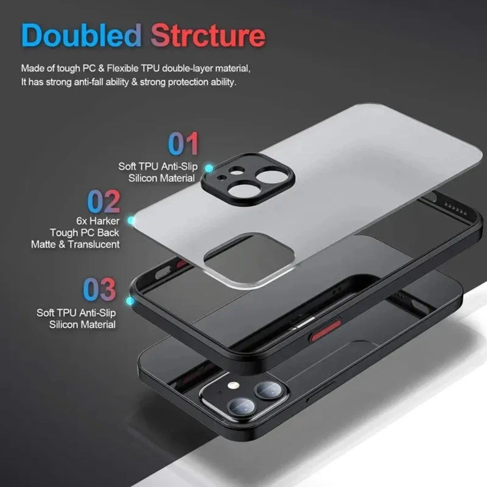 Shockproof Armor Matte iPhone Case – Silicone Bumper & Clear PC Back