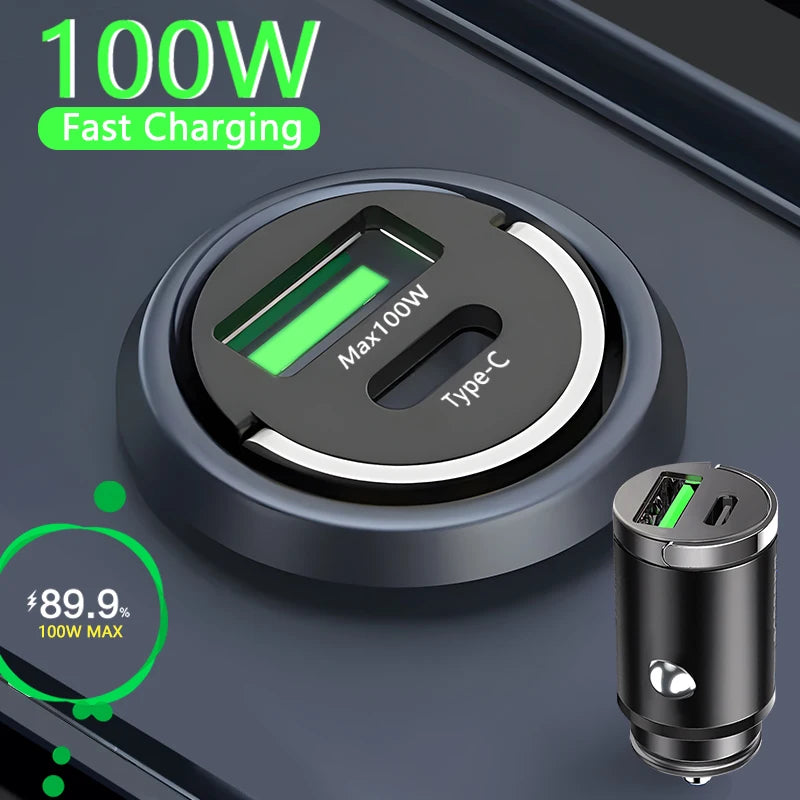 Mini Car Charger – 30W / 100W Fast Charging USB-C & USB-A
