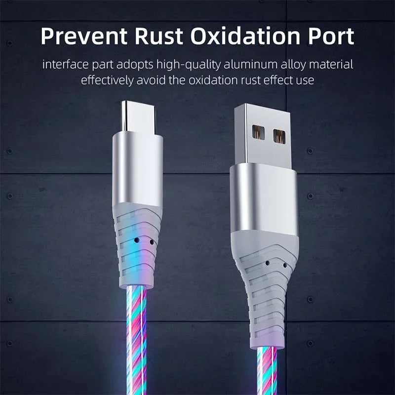 LED Glow Fast Charging Cable – USB-C, Micro USB & iPhone, 3A