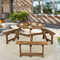 Round Wood Picnic Table Set with 3 Benches & Umbrella Hole – Seats 6