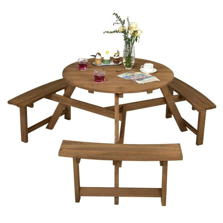 Round Wood Picnic Table Set with 3 Benches & Umbrella Hole – Seats 6