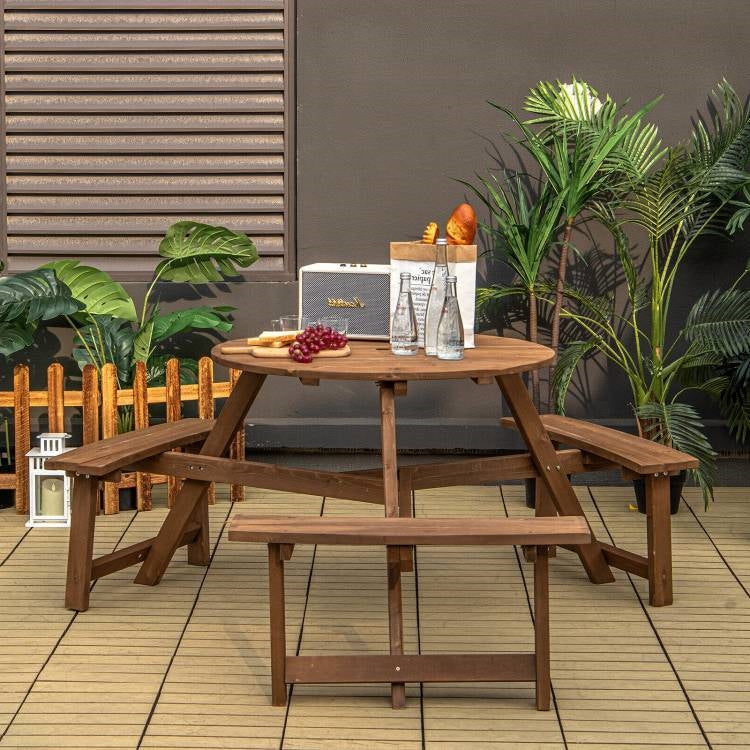 Round Wood Picnic Table Set with 3 Benches & Umbrella Hole – Seats 6