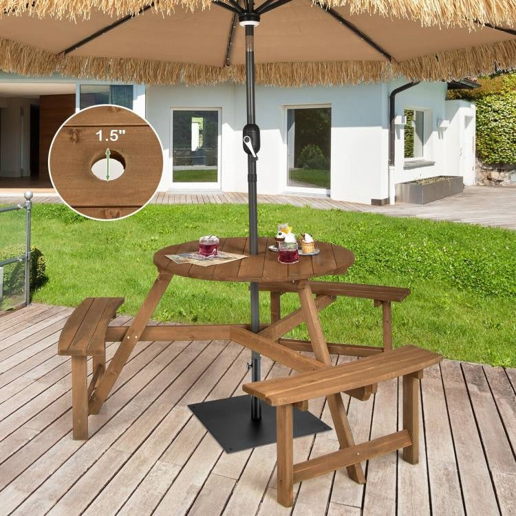 Round Wood Picnic Table Set with 3 Benches & Umbrella Hole – Seats 6