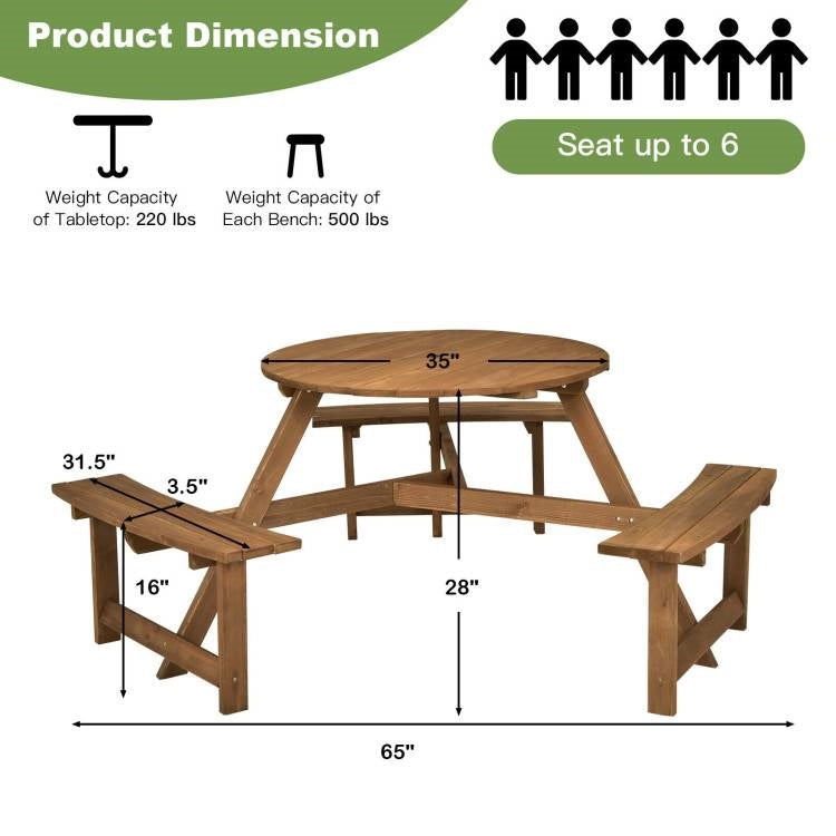 Round Wood Picnic Table Set with 3 Benches & Umbrella Hole – Seats 6