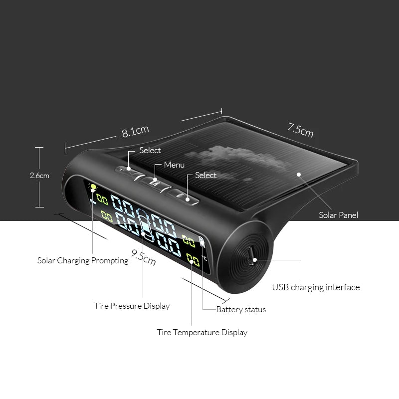 Smart TPMS Tire Pressure Monitor System | 4 Wireless Sensors & Solar Display