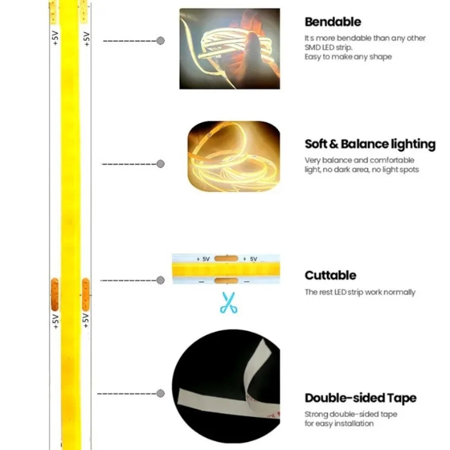 USB-Powered High-Density COB LED Light Strip