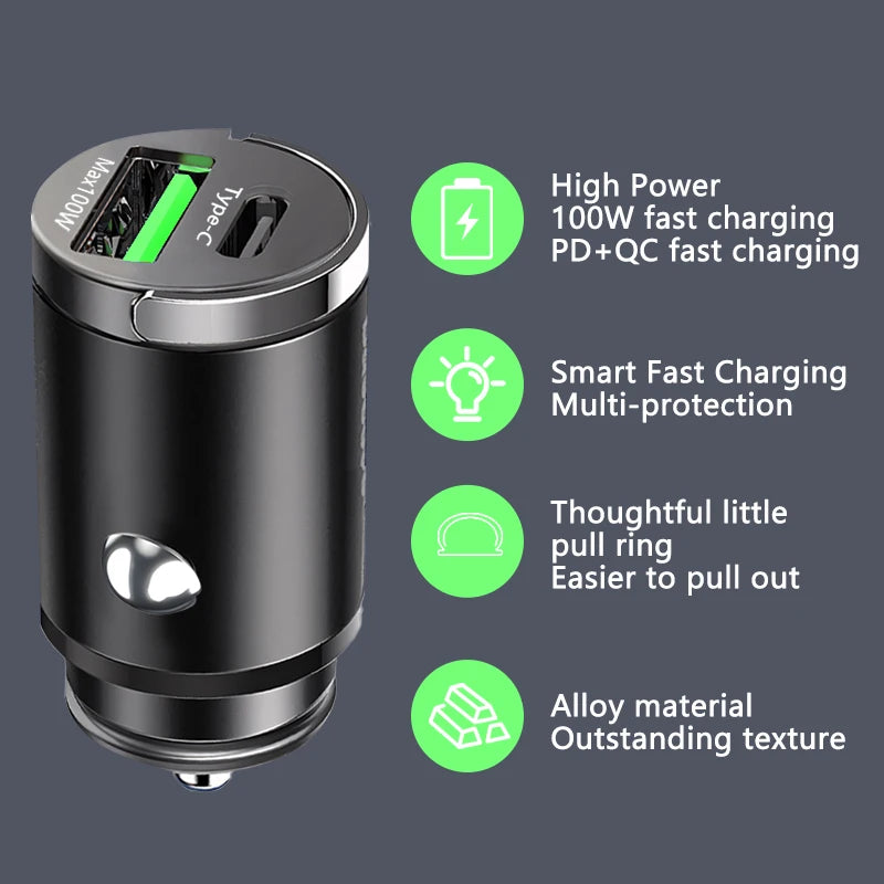 Mini Car Charger – 30W / 100W Fast Charging USB-C & USB-A