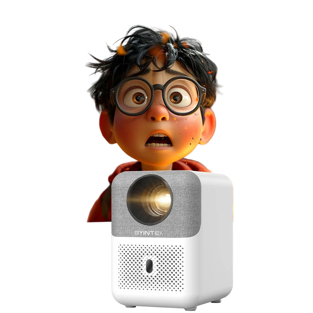 Small projector with a character on top against a white background