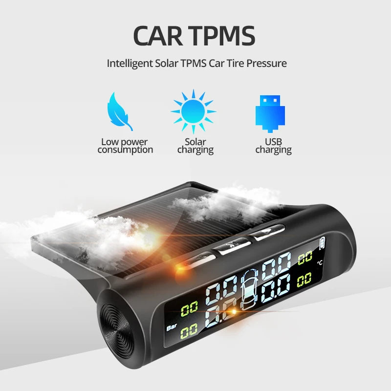 Smart TPMS Tire Pressure Monitor System | 4 Wireless Sensors & Solar Display