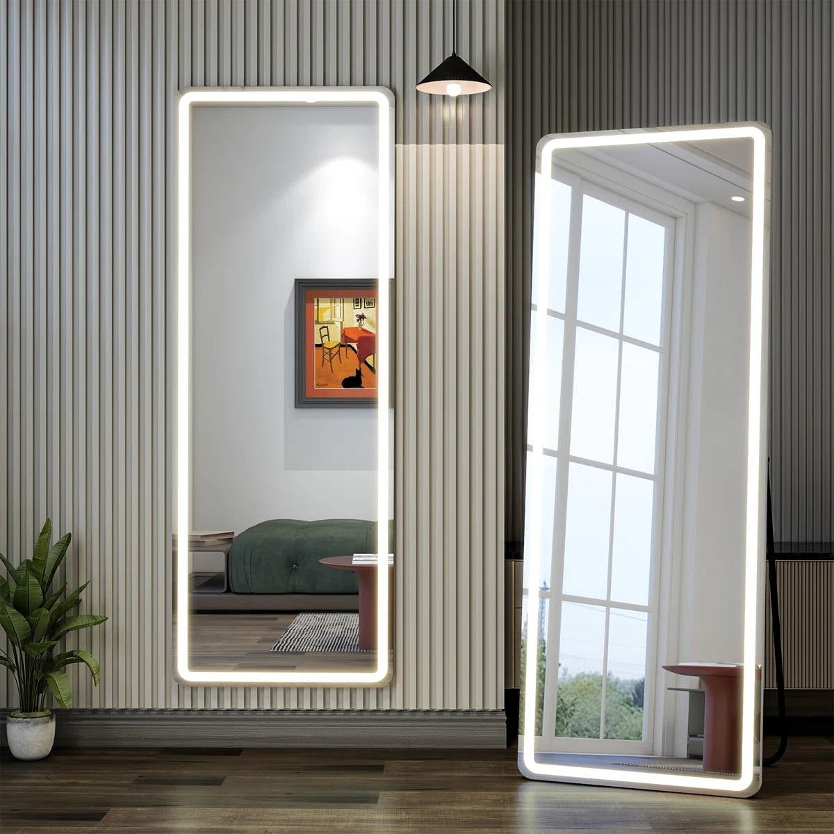 White 64-inch Full Length Floor Mirror with Stand and LED Light Strip