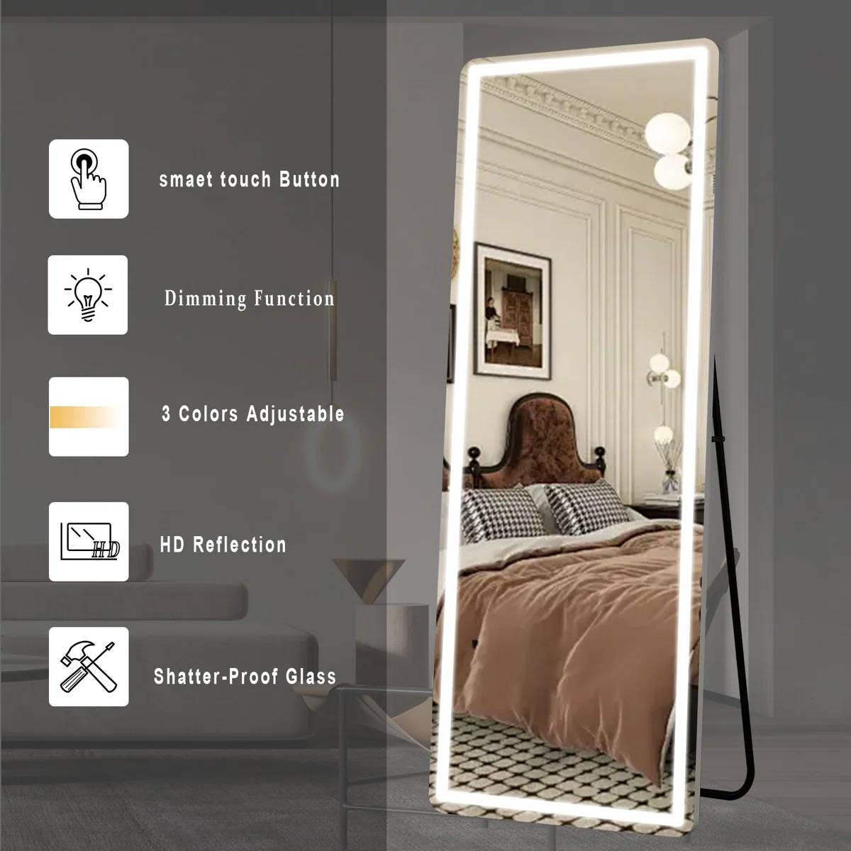 White 64-inch Full Length Floor Mirror with Stand and LED Light Strip