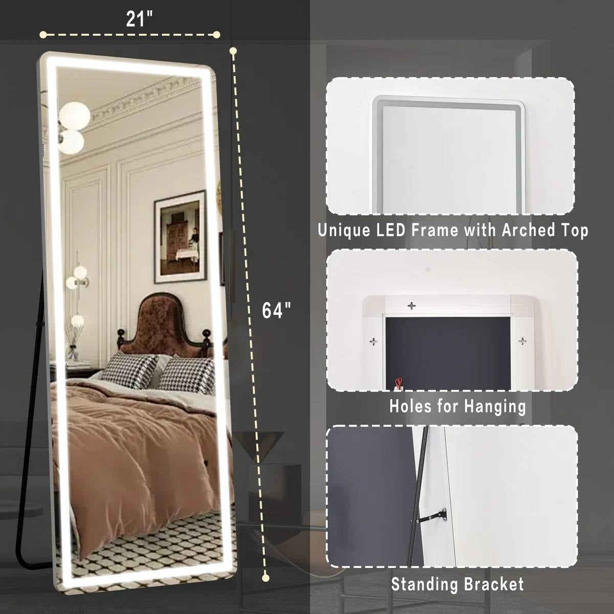 White 64-inch Full Length Floor Mirror with Stand and LED Light Strip