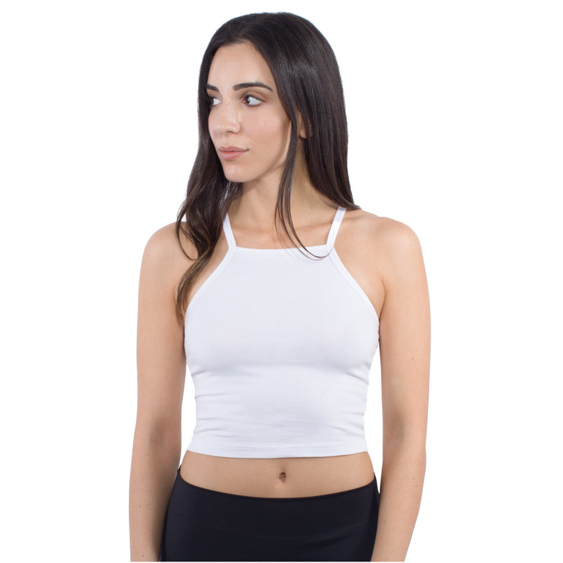 Women's High Neck Halter Crop Top – Cotton-Spandex, Made in USA