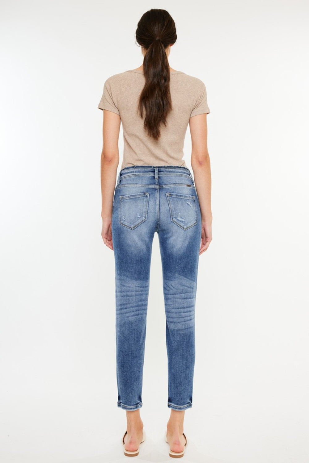 Kancan High-Rise Distressed Mom Jeans – Medium Wash, Slightly Stretchy