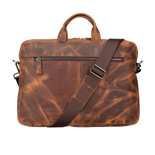Brown leather briefcase with a shoulder strap on a white background