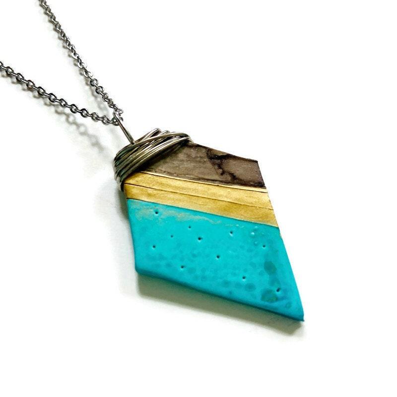Handmade Polymer Clay Pendant Necklace – Turquoise, Gold & Grey