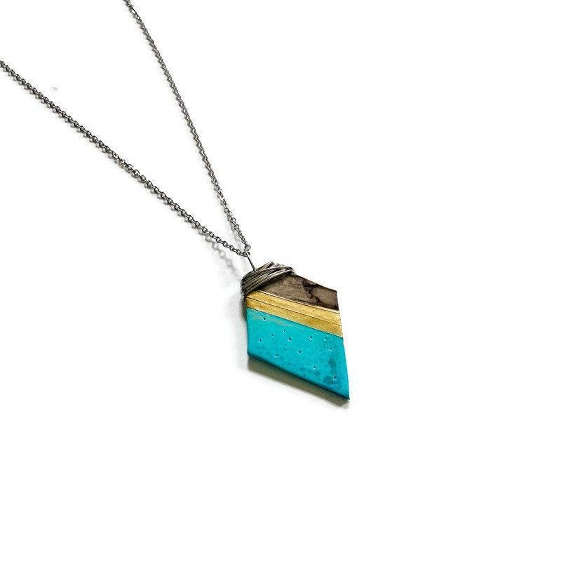 Handmade Polymer Clay Pendant Necklace – Turquoise, Gold & Grey