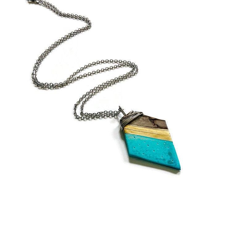Handmade Polymer Clay Pendant Necklace – Turquoise, Gold & Grey