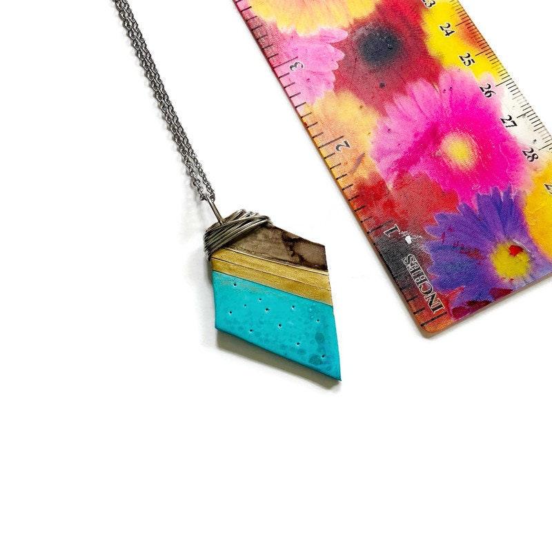 Handmade Polymer Clay Pendant Necklace – Turquoise, Gold & Grey