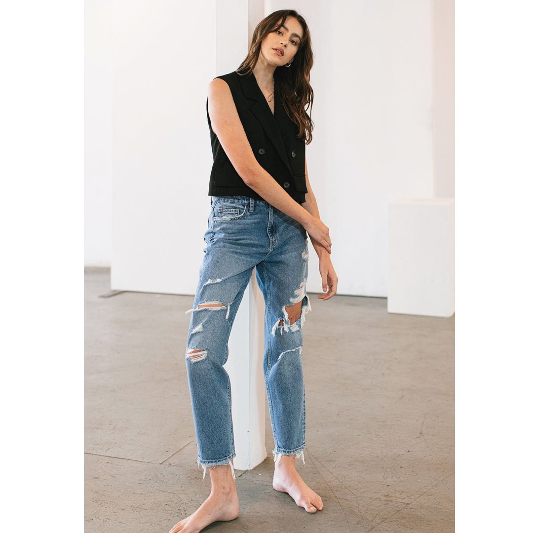 ClaudiaG Distressed Mom Jeans – Raw Hem, 100% Cotton Denim