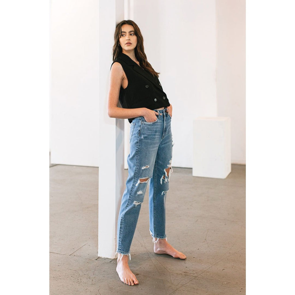 ClaudiaG Distressed Mom Jeans – Raw Hem, 100% Cotton Denim