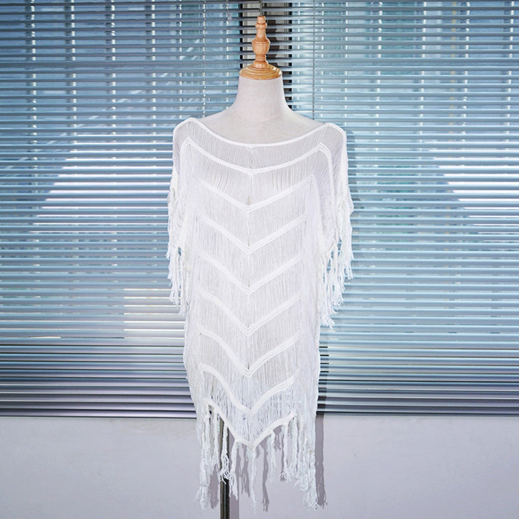Bohemian Knit Swimsuit Cover-Up Dress – Open Weave with Tassel Hem