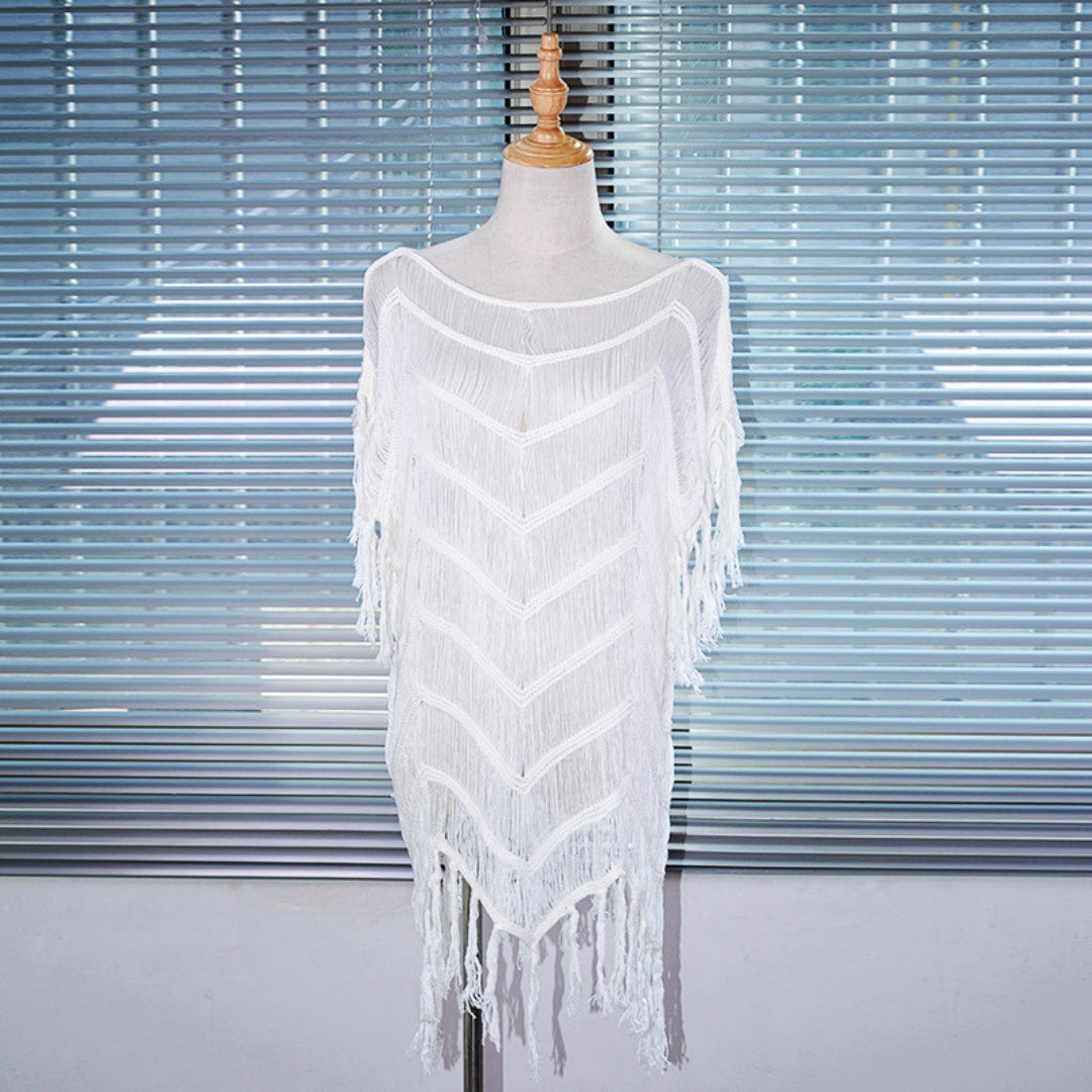 Bohemian Knit Swimsuit Cover-Up Dress – Open Weave with Tassel Hem