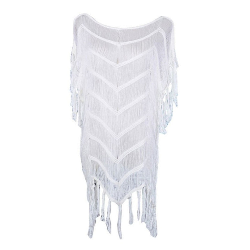 Bohemian Knit Swimsuit Cover-Up Dress – Open Weave with Tassel Hem