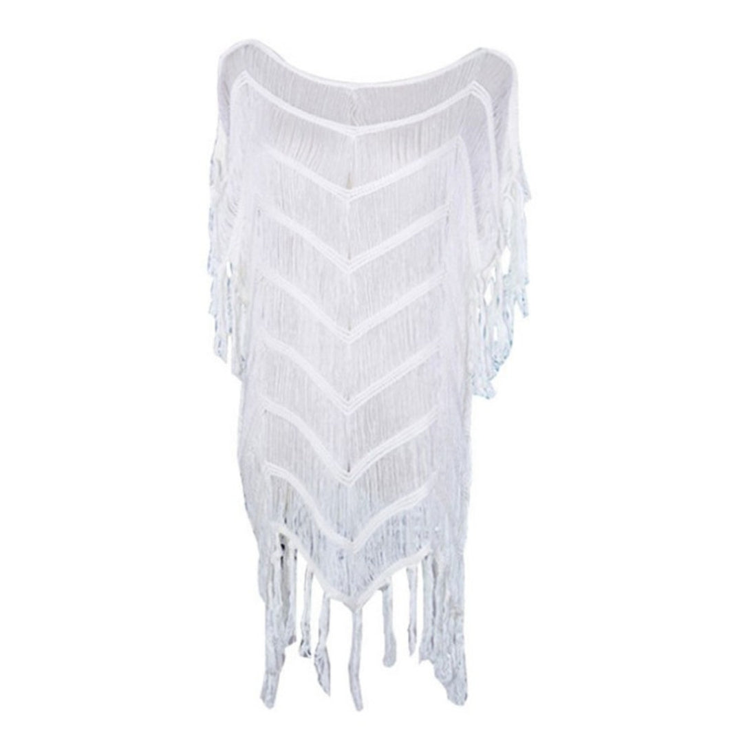 Bohemian Knit Swimsuit Cover-Up Dress – Open Weave with Tassel Hem