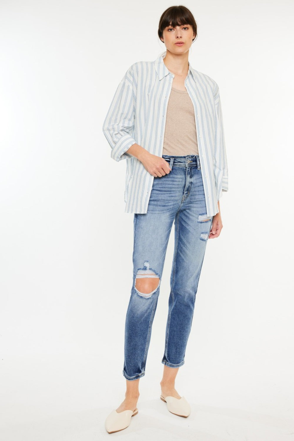 Kancan High-Rise Distressed Mom Jeans – Medium Wash, Slightly Stretchy
