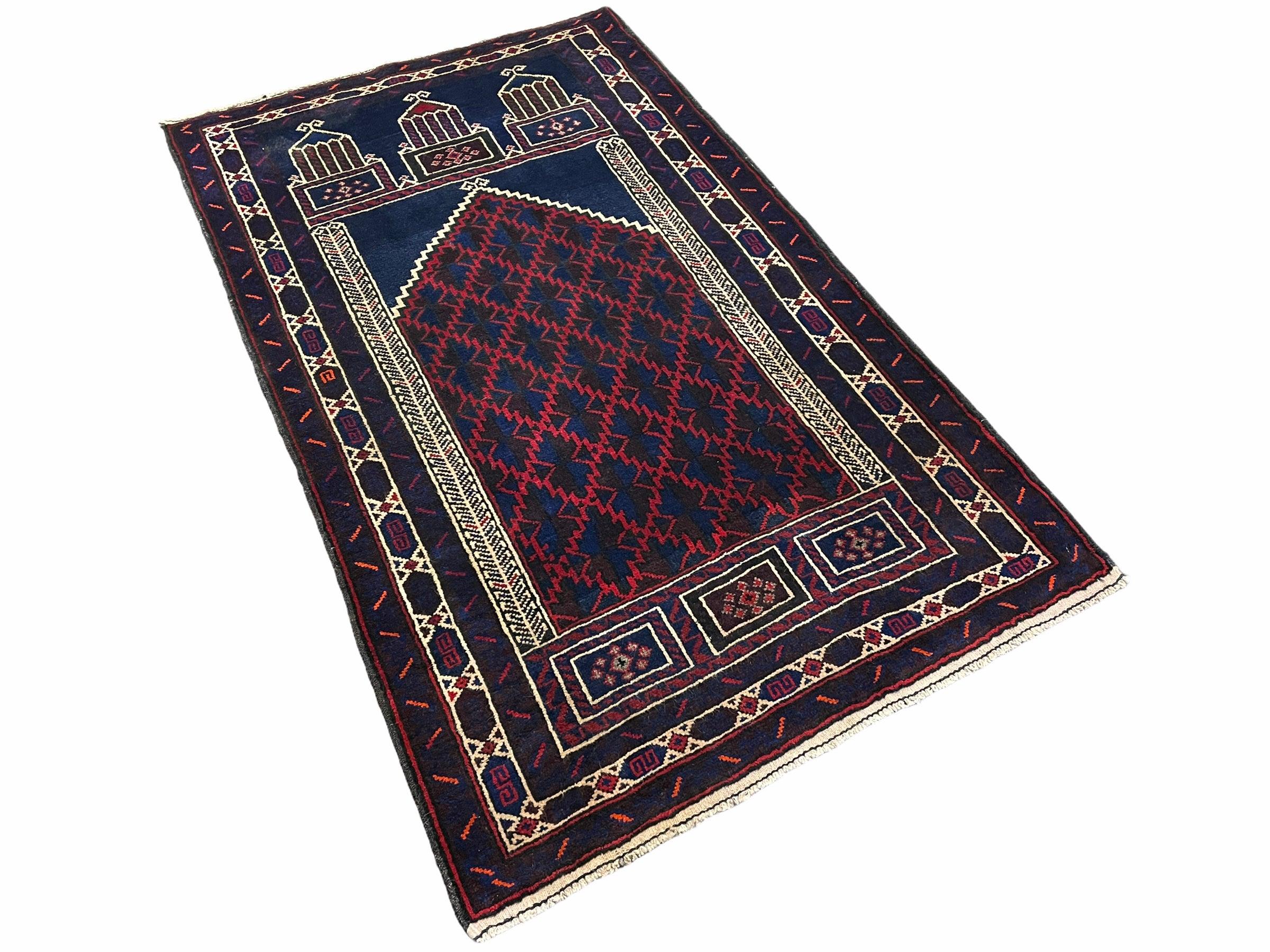 3x5 Vintage Handmade Tribal Wool Rug Balouchi Prayer Rug Afghan Rug Red Blue Wow